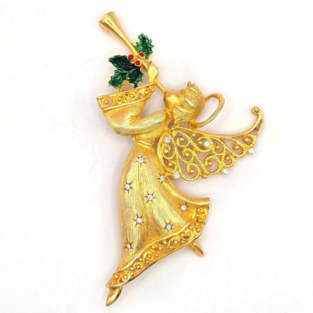 Vintage JJ Jonette Jewelry Angel Trumpet Brooch Gold Tone Enamel Rhinestone Pin